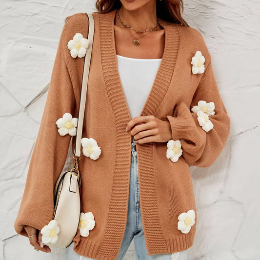 Women's Brown Open-Front Cardigan – Floral Embellished, Ribbed Knit, Bohemian Style, Sydney Wardrobe-81302-8e6f109e-2b06-4d14-8fa0-488f4b158ef2