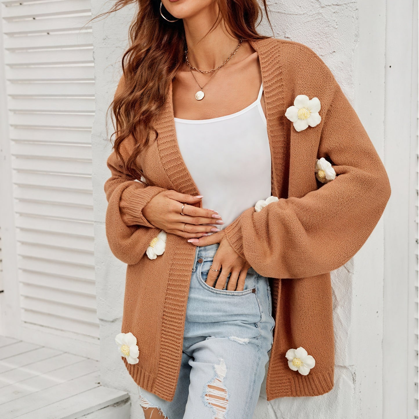 Women's Brown Open-Front Cardigan – Floral Embellished, Ribbed Knit, Bohemian Style, Sydney Wardrobe-81302-8c28f415-3ef0-4b30-afc7-3e712d034fbc