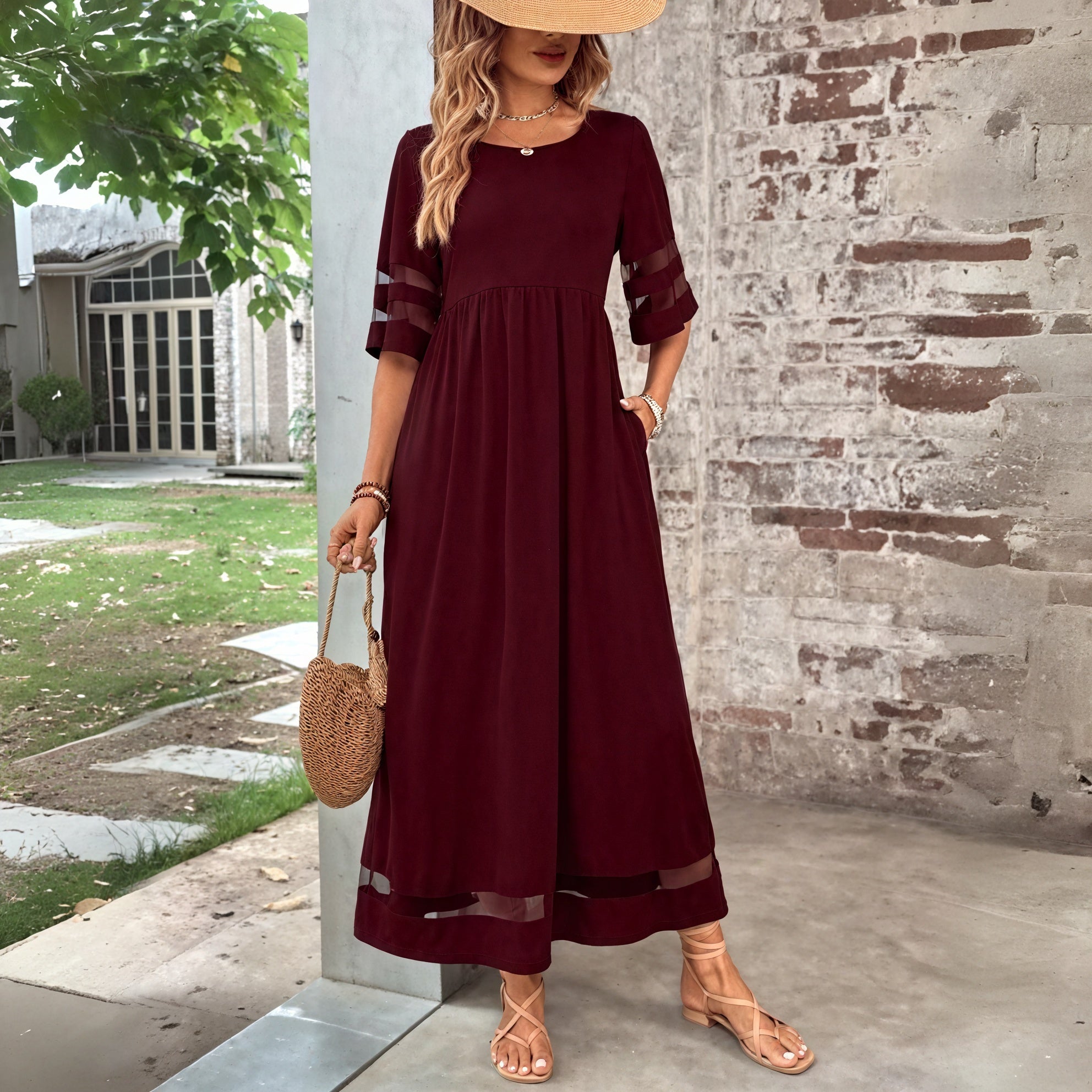 Women's Maxi Dress - Sheer Mesh Panels, Gathered Bodice, Pockets, Polyester Chiffon, Bohemian Style-81308-8534cee6-8497-44f7-b6e7-6063ebde6de8
