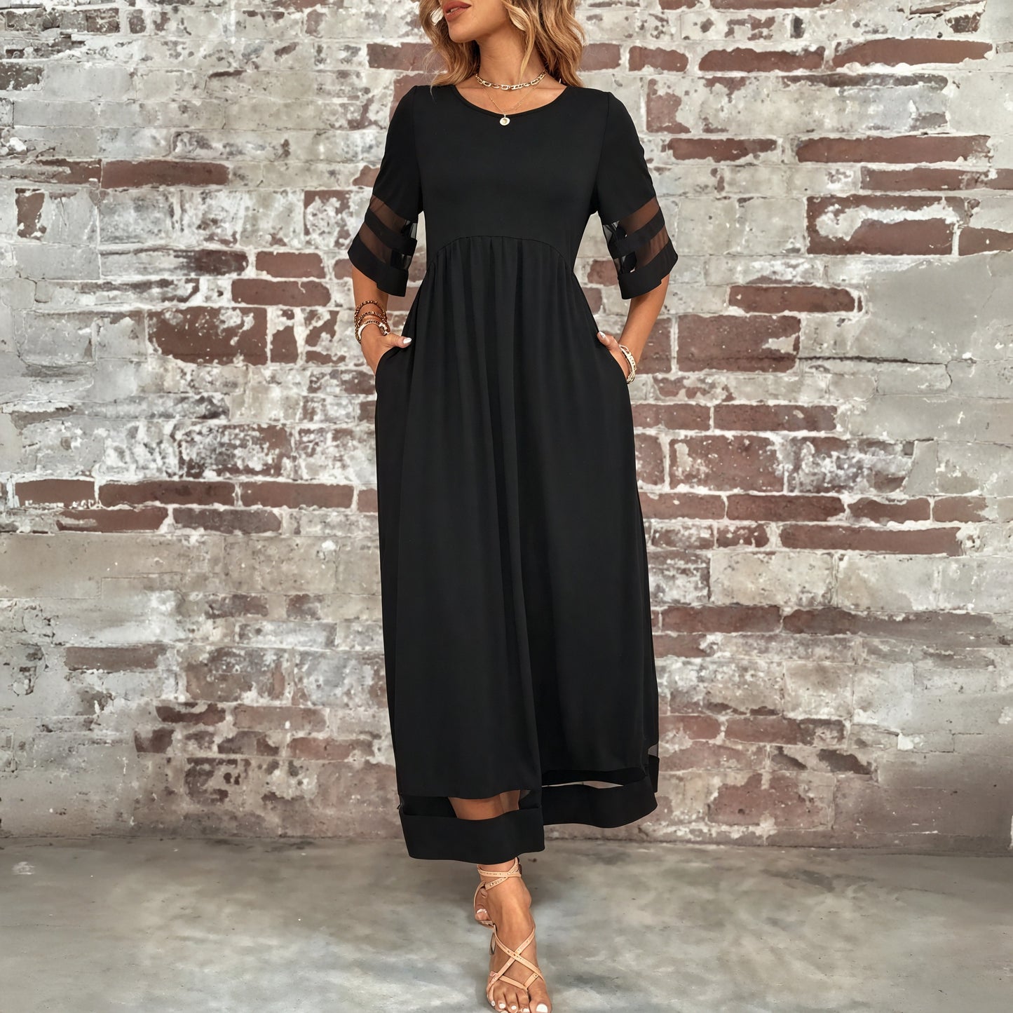 Women's Maxi Dress - Sheer Mesh Panels, Gathered Bodice, Pockets, Polyester Chiffon, Bohemian Style-81308-28eb30fc-1268-4c93-ac79-95c6c23c3ba7