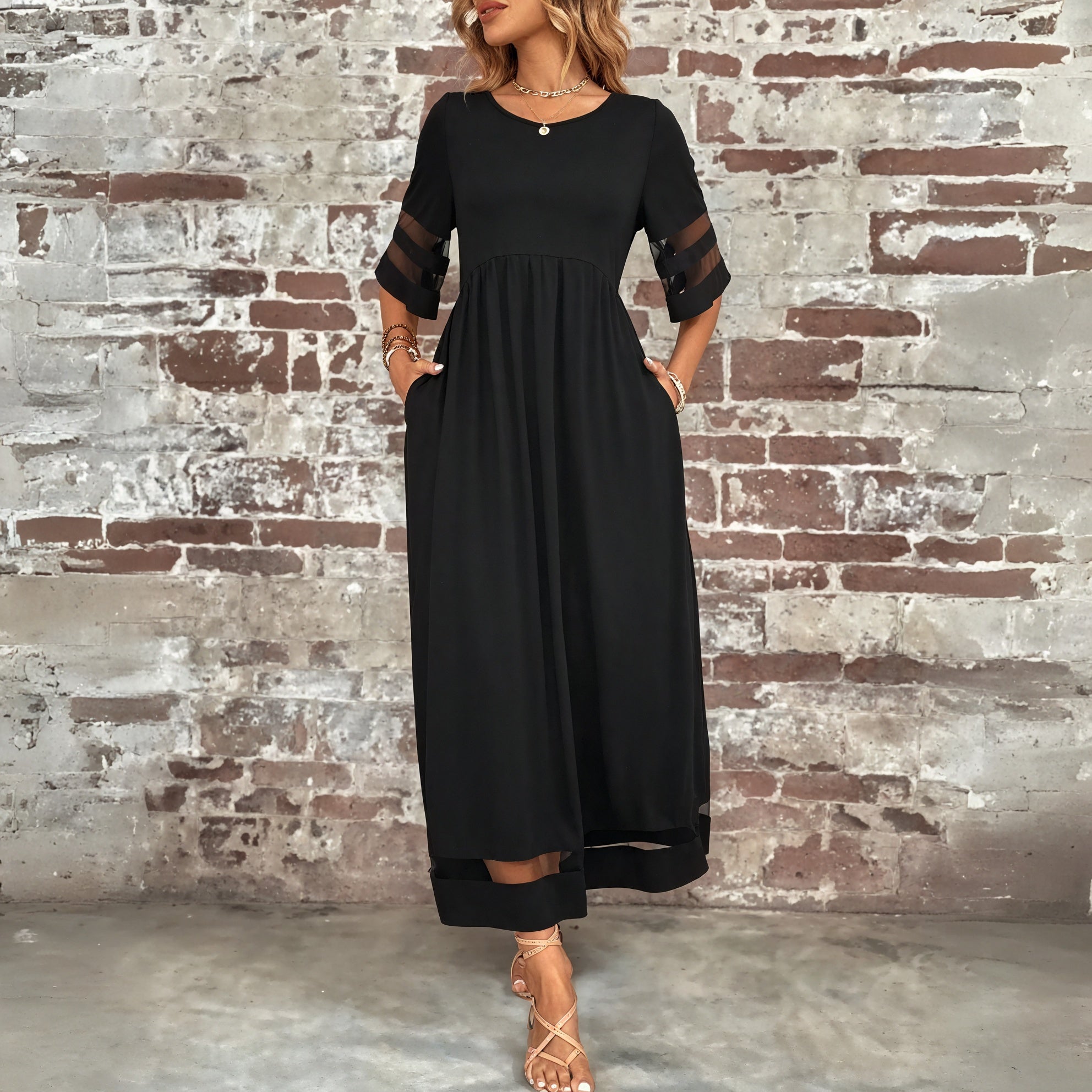 Women's Maxi Dress - Sheer Mesh Panels, Gathered Bodice, Pockets, Polyester Chiffon, Bohemian Style-81308-28eb30fc-1268-4c93-ac79-95c6c23c3ba7