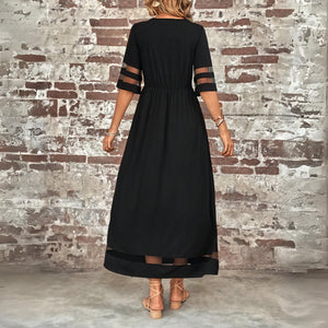 Women's Maxi Dress - Sheer Mesh Panels, Gathered Bodice, Pockets, Polyester Chiffon, Bohemian Style-81308-a170326b-c3d1-4110-8fb7-6ee4e20432a2
