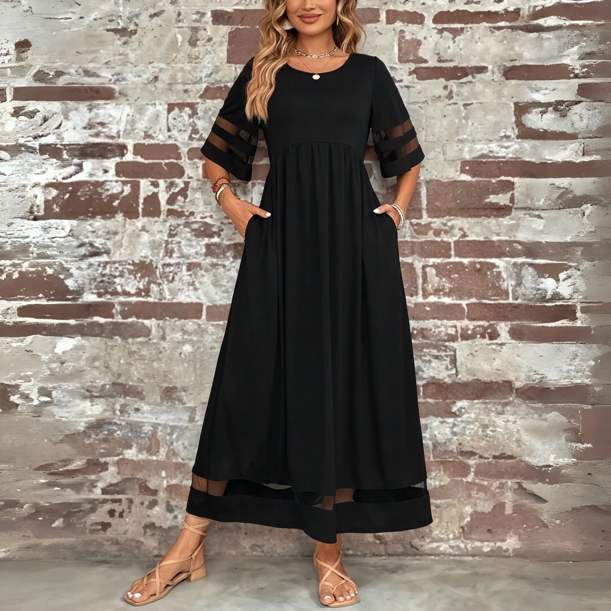 Women's Maxi Dress - Sheer Mesh Panels, Gathered Bodice, Pockets, Polyester Chiffon, Bohemian Style-81308-032c6a58-df9a-41d4-b255-72e02d302510