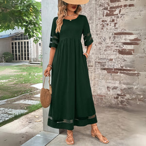 Women's Maxi Dress - Sheer Mesh Panels, Gathered Bodice, Pockets, Polyester Chiffon, Bohemian Style-81308-c96fabfa-9f5f-42ee-9bec-5e70b147119b