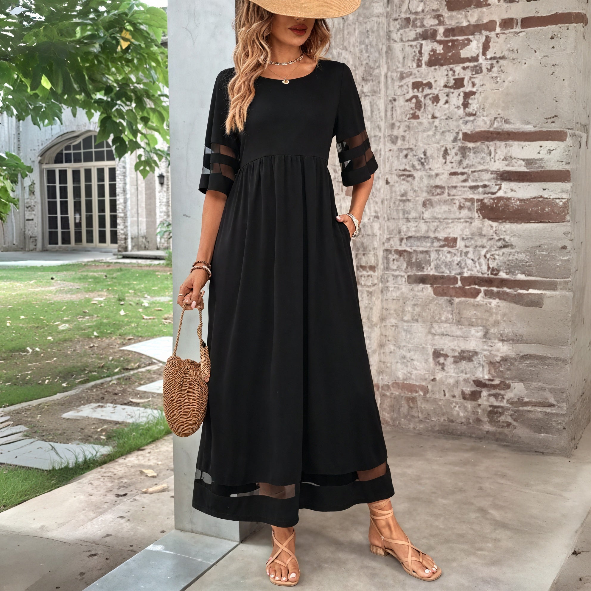 Women's Maxi Dress - Sheer Mesh Panels, Gathered Bodice, Pockets, Polyester Chiffon, Bohemian Style-81308-66c67c76-021d-40b5-8990-bf0bad584166
