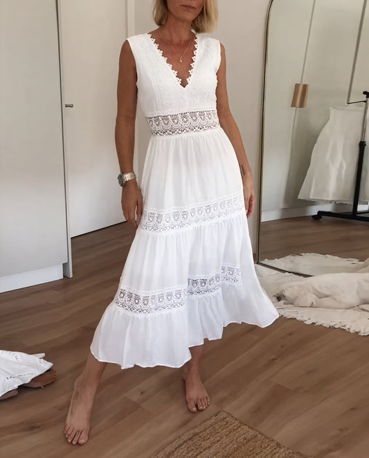 Women's White Cotton Maxi Dress – Sleeveless, Tiered, Lace Trim, Bohemian Style-81326-029b0363-dc11-4688-800f-fb450b6f31ae