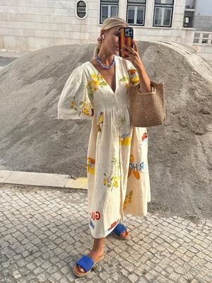 Women's Cream Linen Blend Wrap Midi Dress – Floral Print, Elbow Sleeves, Relaxed Fit, Sydney Wardrobe-81391-b501a303-ad89-47c5-91c6-d74c9ca3116f