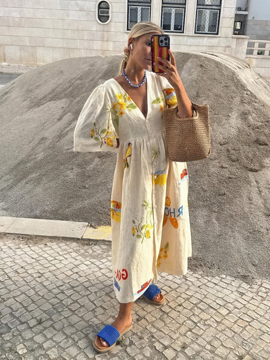 Women's Cream Linen Blend Wrap Midi Dress – Floral Print, Elbow Sleeves, Relaxed Fit, Sydney Wardrobe-81391-b501a303-ad89-47c5-91c6-d74c9ca3116f