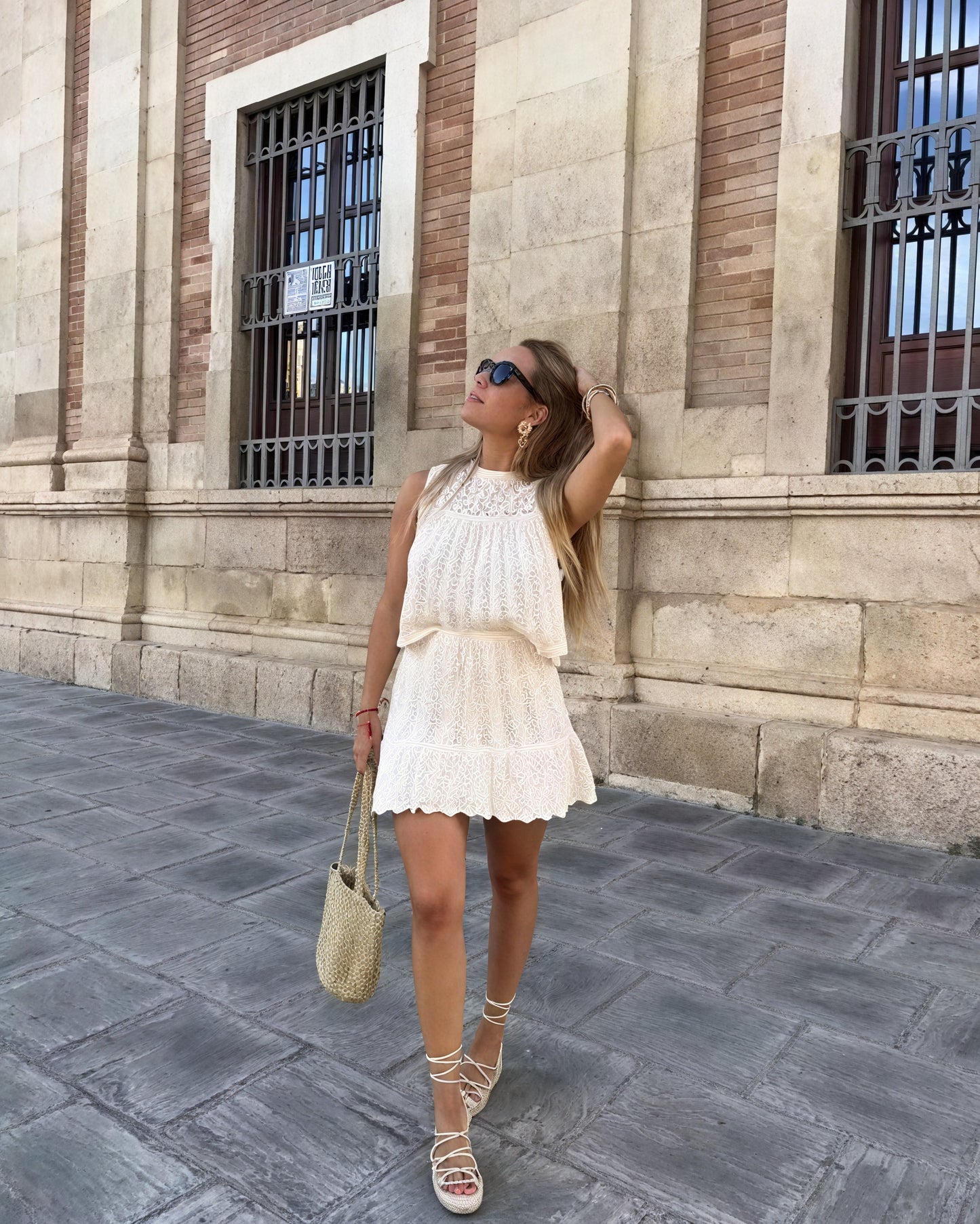 Women's Open-Knit Two-Piece Set – Sleeveless Top, Scalloped Hem Skirt, Drawstring Waist, Bohemian, Black/Off-White-81510-d3aa0ecb-25ed-46e4-b596-0c0c85c00136