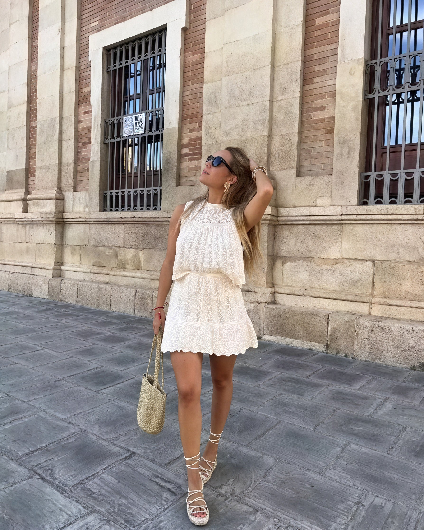 Women's Open-Knit Two-Piece Set – Sleeveless Top, Scalloped Hem Skirt, Drawstring Waist, Bohemian, Black/Off-White-81510-d3aa0ecb-25ed-46e4-b596-0c0c85c00136
