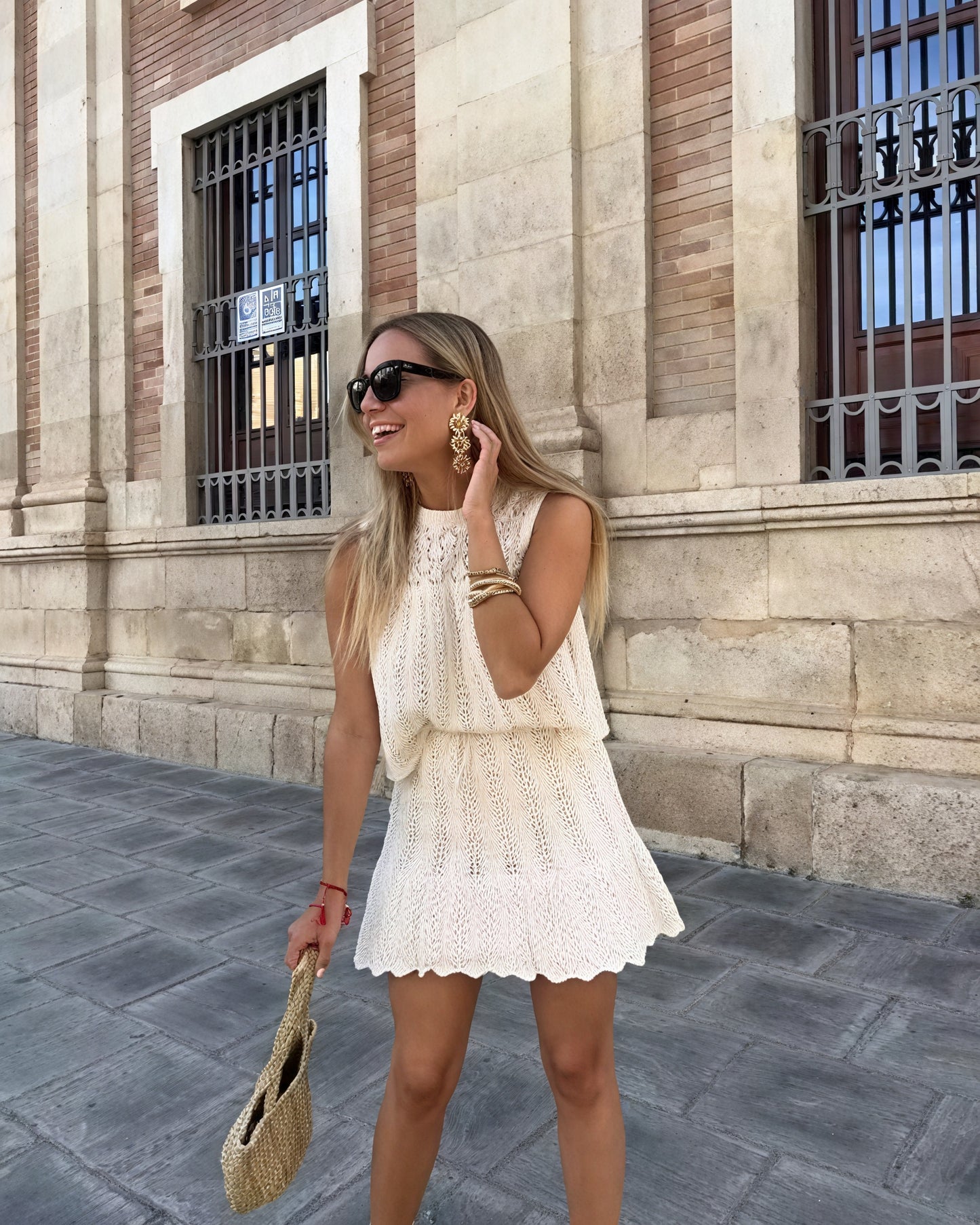 Women's Open-Knit Two-Piece Set – Sleeveless Top, Scalloped Hem Skirt, Drawstring Waist, Bohemian, Black/Off-White-81510-ecbe80af-bcae-4ed0-8155-e98f2f84a074
