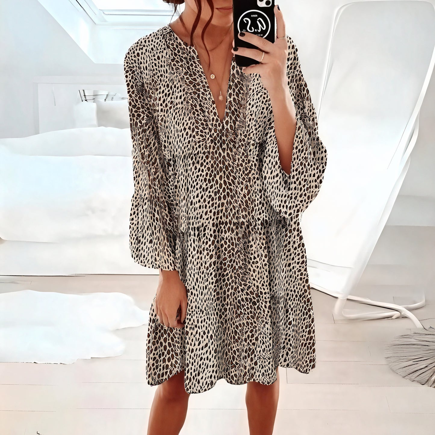 Women's Animal Print Mini Dress – Flowy V-Neck Long Sleeve-81612-e27c4f24-9134-45fd-984c-3f7f853326b8
