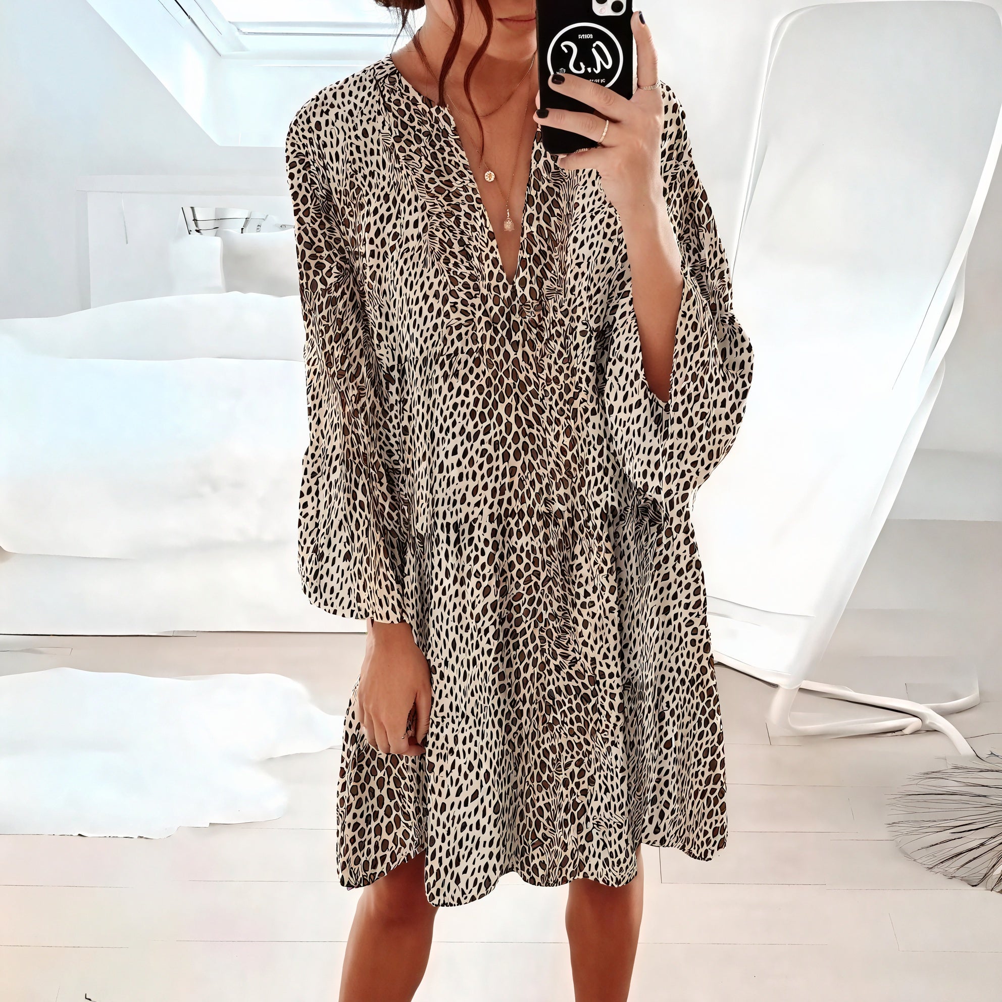 Women's Animal Print Mini Dress – Flowy V-Neck Long Sleeve-81612-e27c4f24-9134-45fd-984c-3f7f853326b8