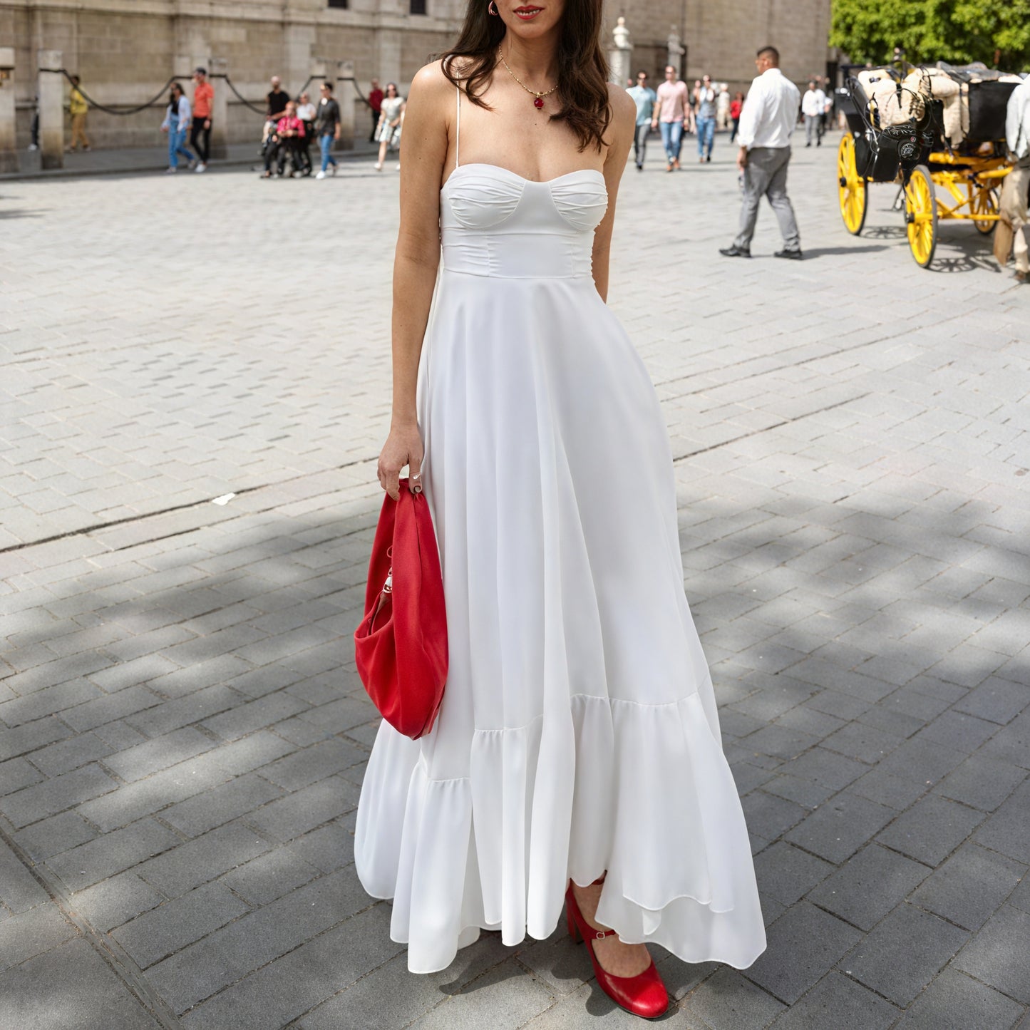 Women's White Maxi Dress – Spaghetti Strap Bustier Tiered Skirt-81821-3565ee3e-189c-471e-a1d1-de0748886da8