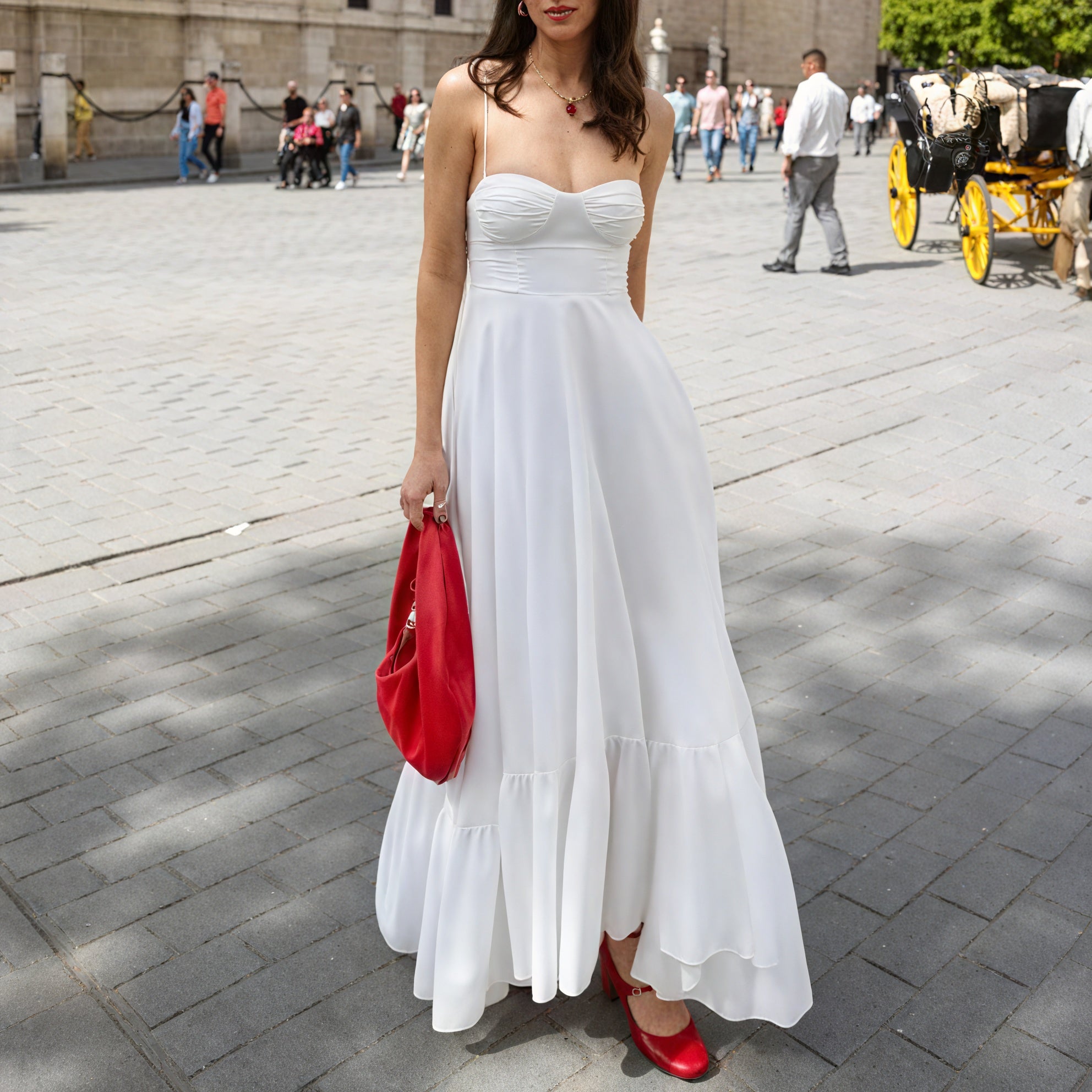 Women's White Maxi Dress – Spaghetti Strap Bustier Tiered Skirt-81821-3565ee3e-189c-471e-a1d1-de0748886da8