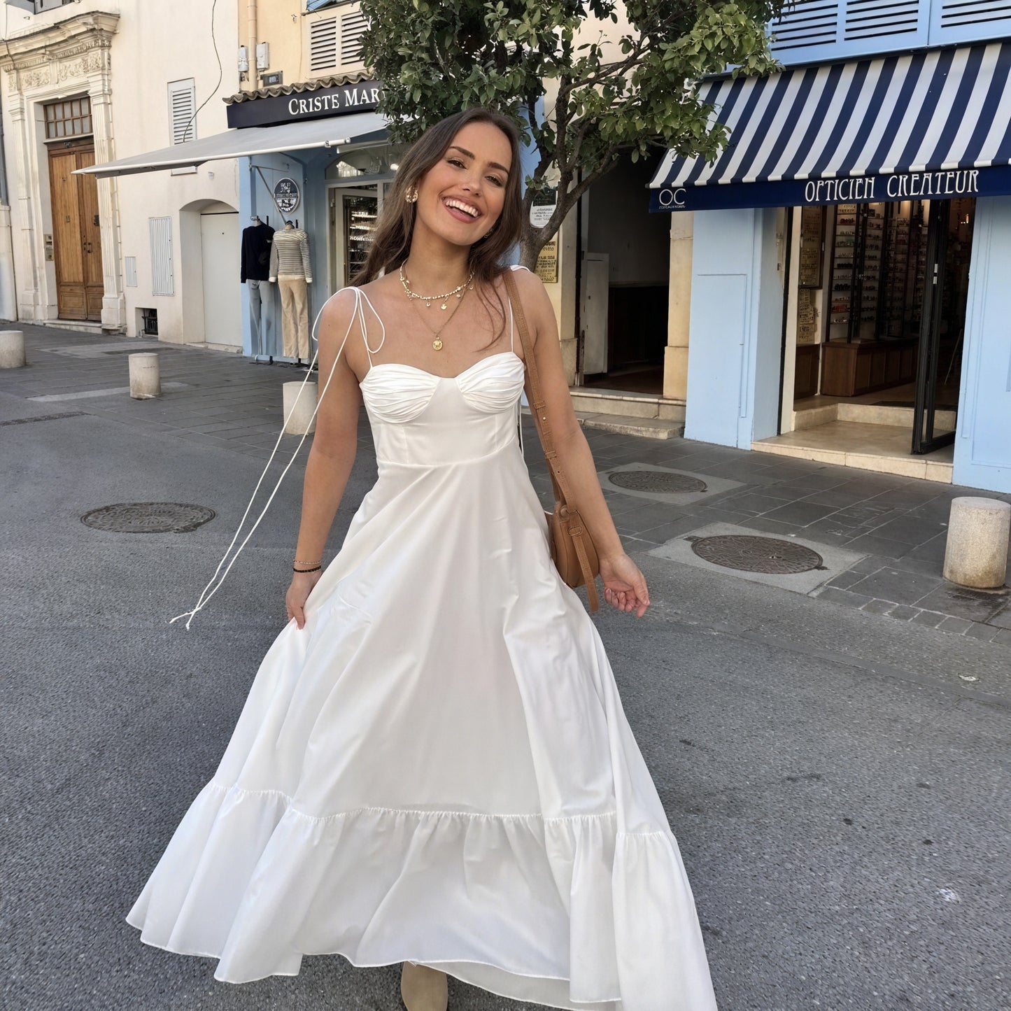 Women's White Maxi Dress – Spaghetti Strap Bustier Tiered Skirt-81821-4af97af2-202b-4c45-b807-32146c6a5a40
