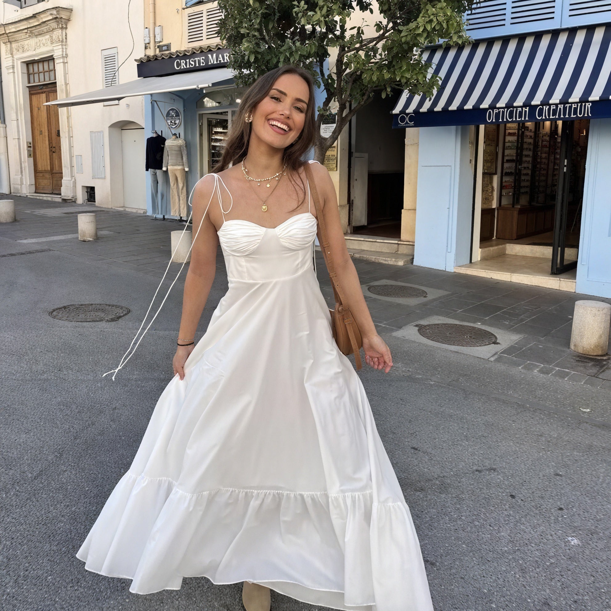 Women's White Maxi Dress – Spaghetti Strap Bustier Tiered Skirt-81821-4af97af2-202b-4c45-b807-32146c6a5a40