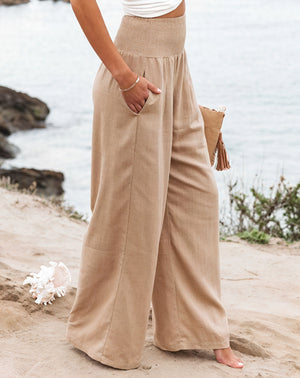 Women's Wide-Leg Pants – High-Waisted, Smocked Waist, Linen Blend, White Beige Black-82189-2b96ece2-7354-47d4-8edd-4a672930a3fb