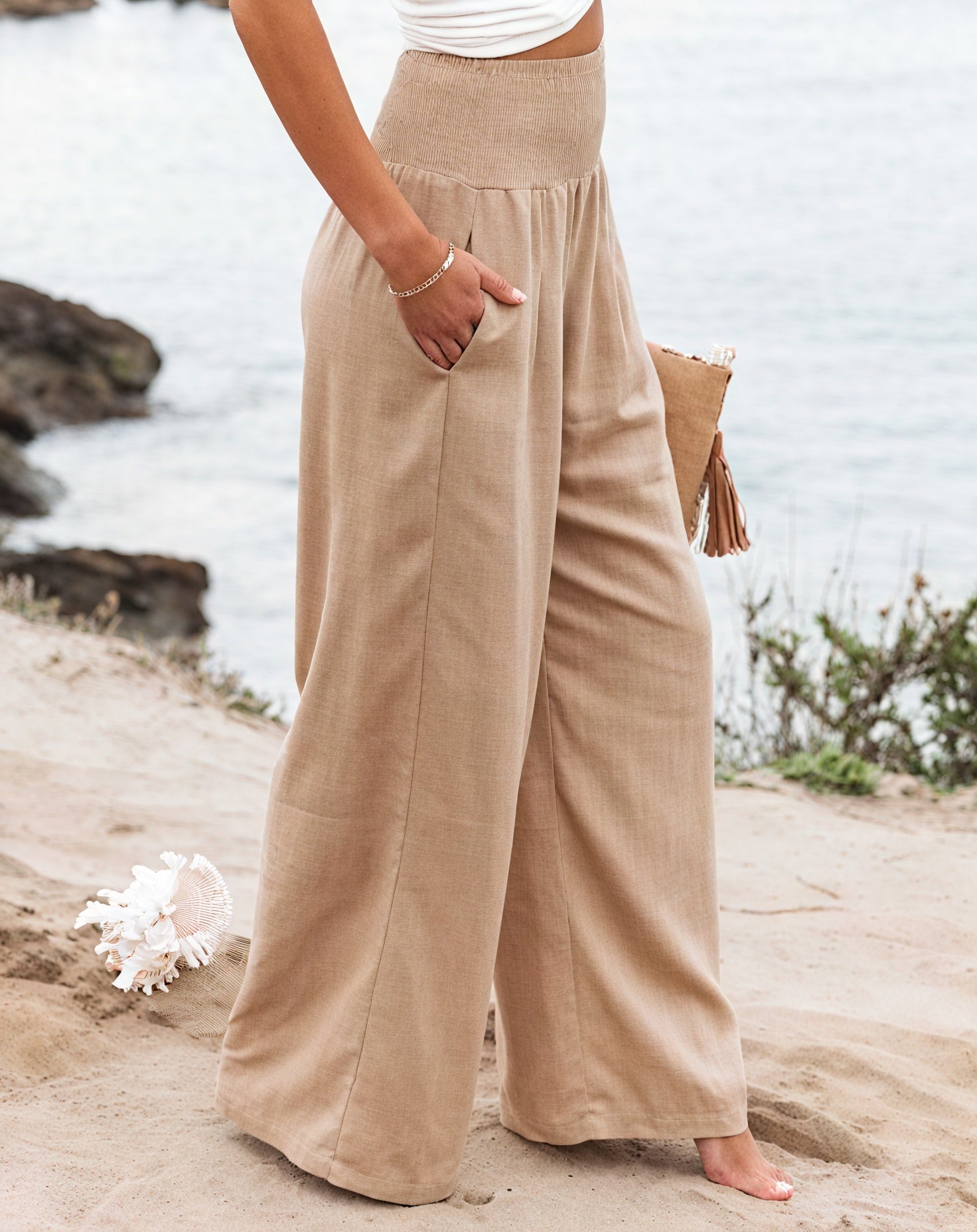 Women's Wide-Leg Pants – High-Waisted, Smocked Waist, Linen Blend, White Beige Black-82189-2b96ece2-7354-47d4-8edd-4a672930a3fb