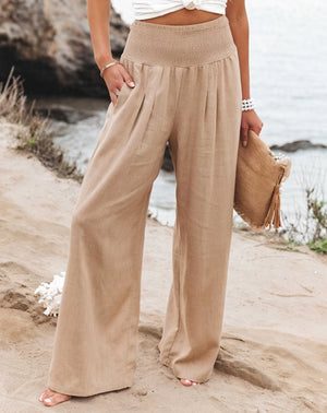 Women's Wide-Leg Pants – High-Waisted, Smocked Waist, Linen Blend, White Beige Black-82189-1a198501-cd78-4682-81c3-866bca6dfb72