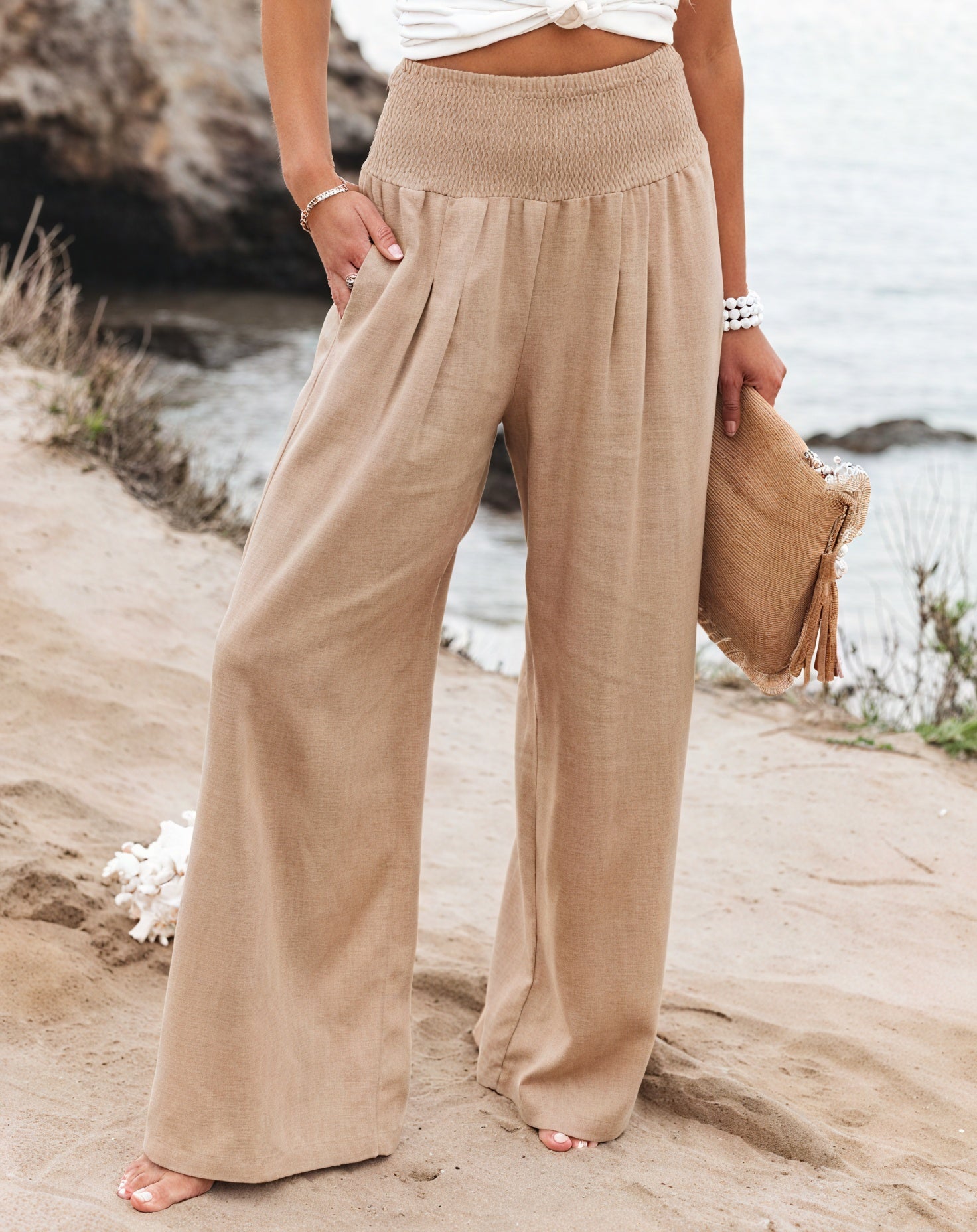 Women's Wide-Leg Pants – High-Waisted, Smocked Waist, Linen Blend, White Beige Black-82189-1a198501-cd78-4682-81c3-866bca6dfb72