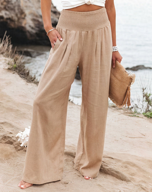 Women's Wide-Leg Pants – High-Waisted, Smocked Waist, Linen Blend, White Beige Black-82189-1a198501-cd78-4682-81c3-866bca6dfb72