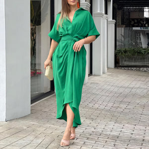 Women's Collared Tie-Waist Dress – Asymmetrical Hem Button-Down-82303-3311a392-d167-4596-a3af-8fd04daf1e30