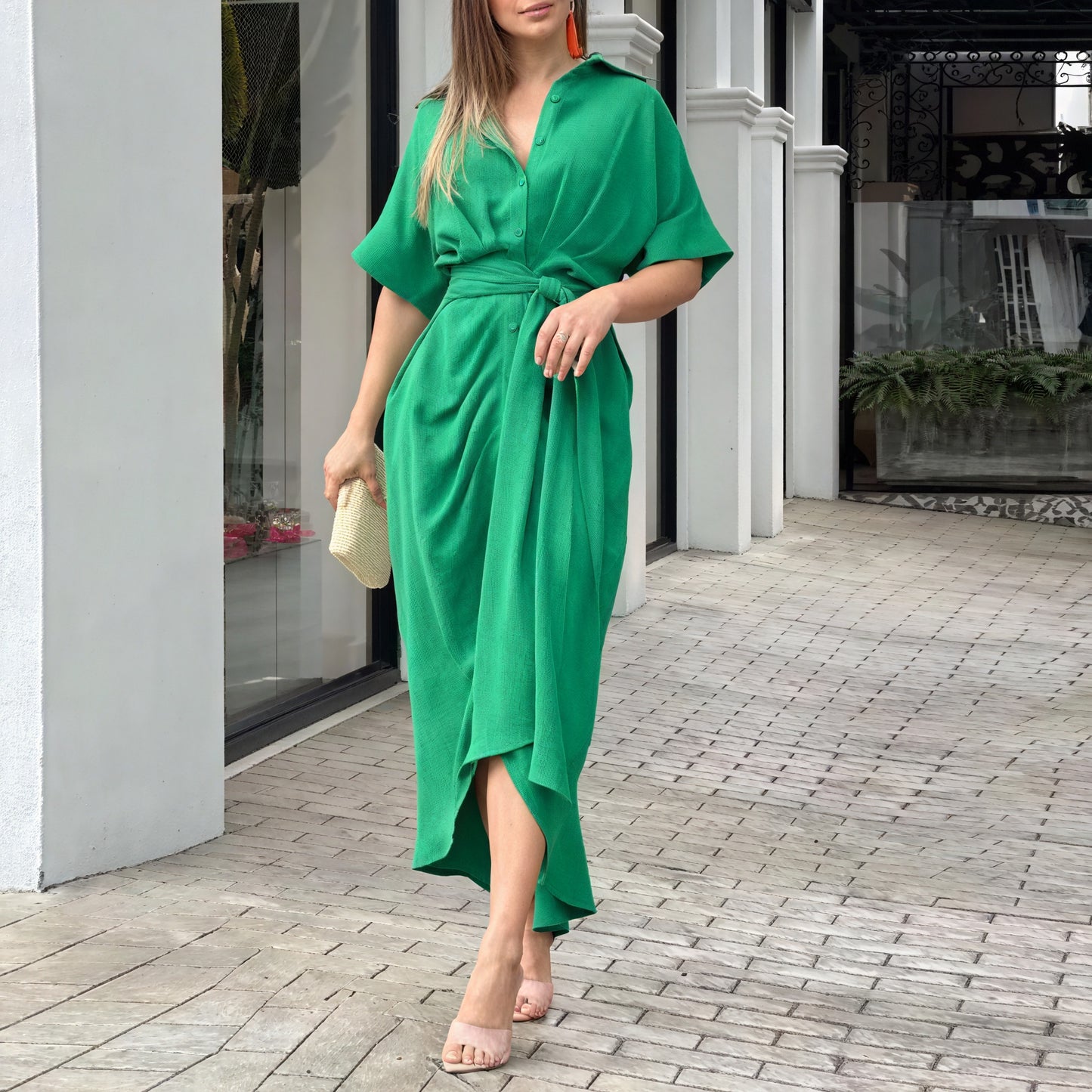 Women's Collared Tie-Waist Dress – Asymmetrical Hem Button-Down-82303-3311a392-d167-4596-a3af-8fd04daf1e30