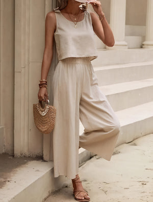 Women's Linen Blend Crop Top & Wide Leg Pants Set – Beige Bohemian Chic-82356-ffa2b7ef-ba23-44f1-86fc-1ad2d1d8e606