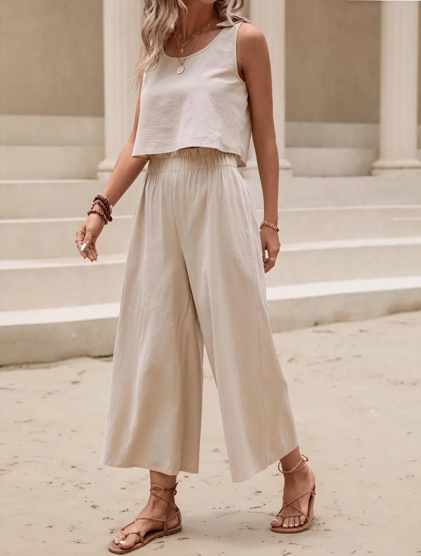 Women's Linen Blend Crop Top & Wide Leg Pants Set – Beige Bohemian Chic-82356-0b3edac3-b30b-416d-b99a-a053ded97062