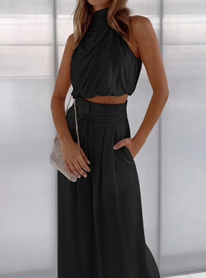 Women's Halter Neck Wide-Leg Suit Set, Draped, High-Waisted, Black Reddish-Brown Off-White, Modern Chic-82425-665c1af7-0787-4434-a1f6-de99d893adfe