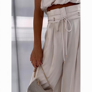 Women's Halter Neck Wide-Leg Suit Set, Draped, High-Waisted, Black Reddish-Brown Off-White, Modern Chic-82425-b1b5a422-637a-4a55-9e39-37ee7c3e7e7c