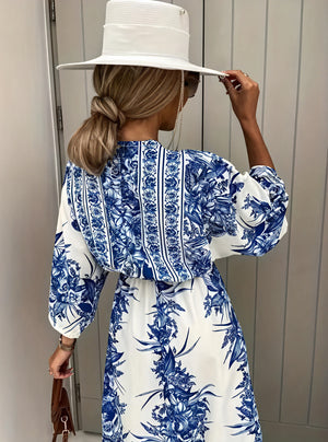 Women's Maxi Dress – Blue & White Floral, Kimono Sleeve, Belted-82503-4db533aa-543c-4844-b8e0-d74854066668