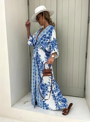 Women's Maxi Dress – Blue & White Floral, Kimono Sleeve, Belted-82503-4420b966-8414-4e4d-9224-bc9273f02cb8