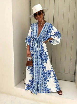 Women's Maxi Dress – Blue & White Floral, Kimono Sleeve, Belted-82503-e15edc57-dc90-48f0-b213-d110e785a6df