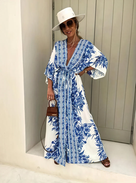 Women's Maxi Dress – Blue & White Floral, Kimono Sleeve, Belted-82503-e15edc57-dc90-48f0-b213-d110e785a6df