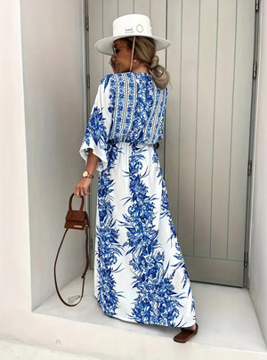 Women's Maxi Dress – Blue & White Floral, Kimono Sleeve, Belted-82503-9780b96e-53d4-4e3b-8953-04eef0166713