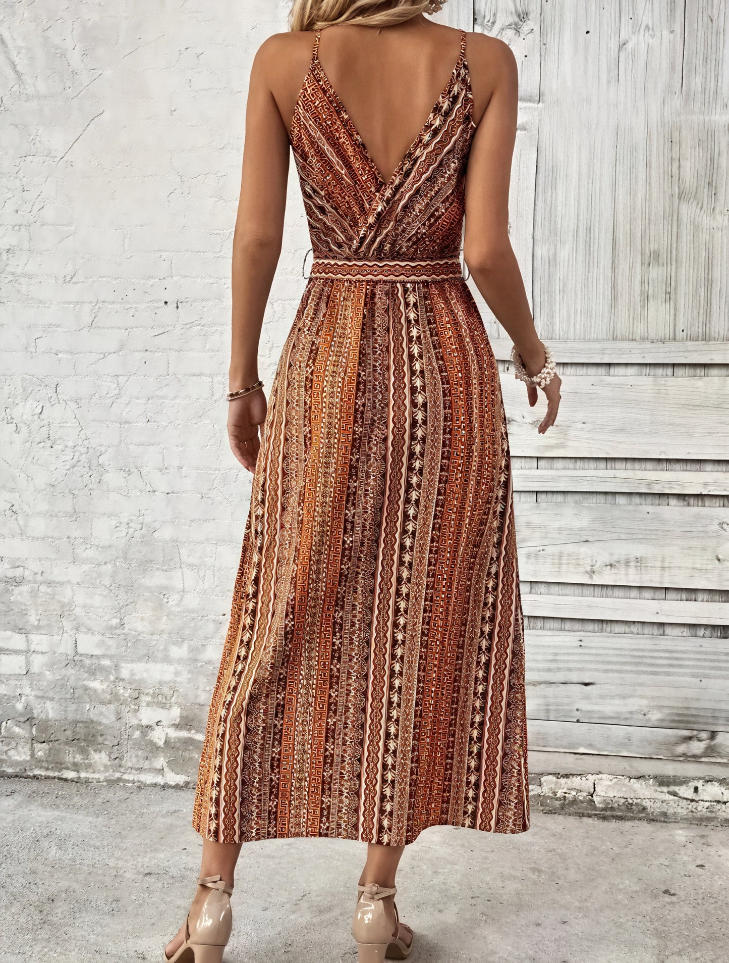 Women's Brown Polyester Maxi Dress – Wrap Bodice, Spaghetti Straps, High Slits, Bohemian Pattern-82508-02532916-22a7-4146-bb87-a1ef306801e9