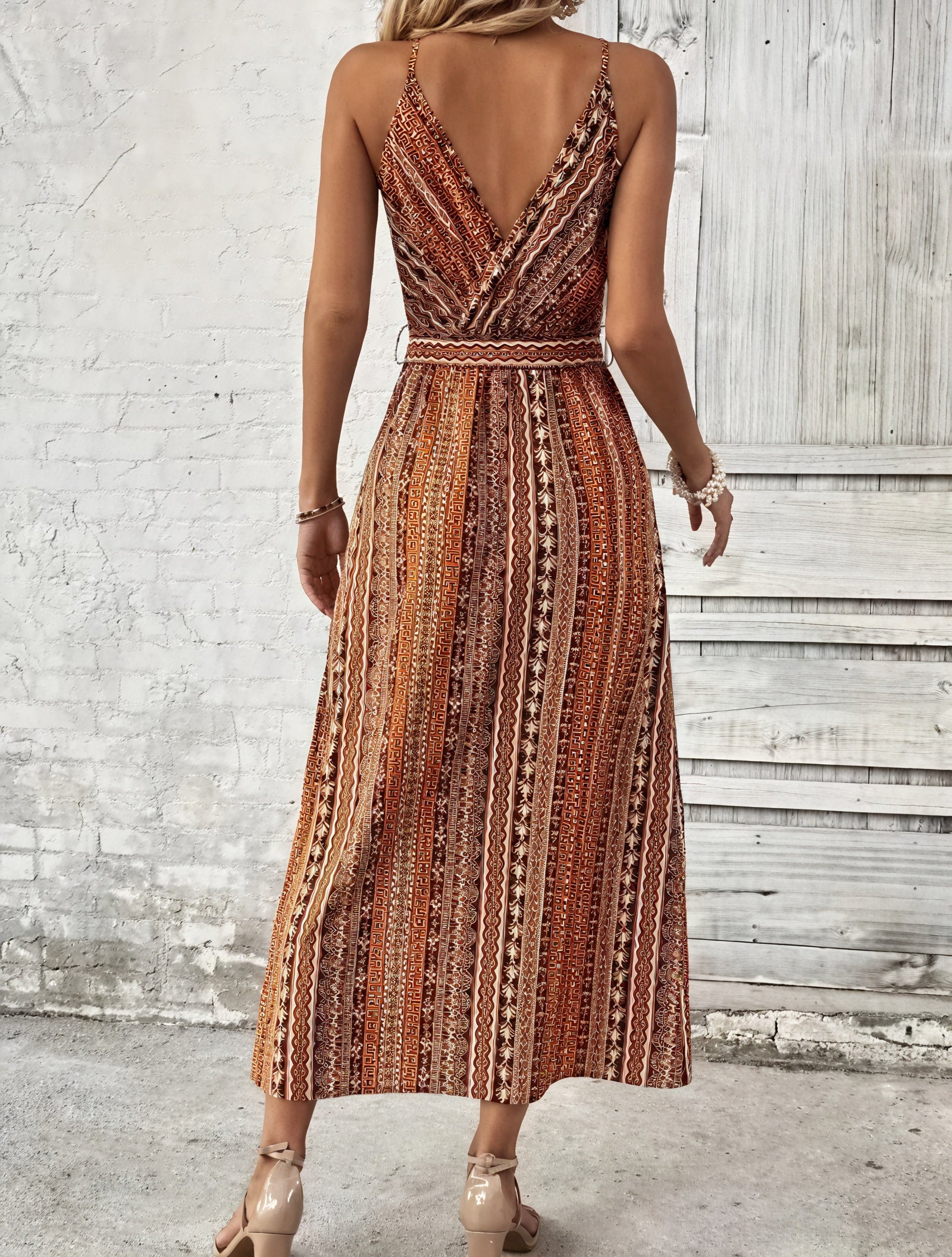 Women's Brown Polyester Maxi Dress – Wrap Bodice, Spaghetti Straps, High Slits, Bohemian Pattern-82508-02532916-22a7-4146-bb87-a1ef306801e9