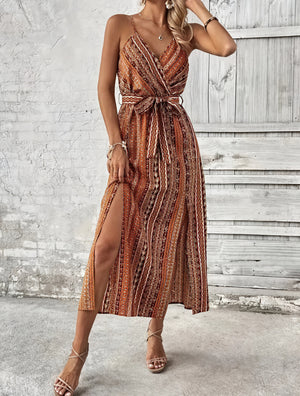 Women's Brown Polyester Maxi Dress – Wrap Bodice, Spaghetti Straps, High Slits, Bohemian Pattern-82508-fd478532-59ad-4376-b69c-33fac2dd41b3