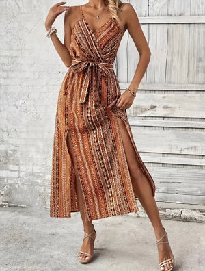 Women's Brown Polyester Maxi Dress – Wrap Bodice, Spaghetti Straps, High Slits, Bohemian Pattern-82508-cfe55055-ed8c-4903-ac19-df8225ee7df1