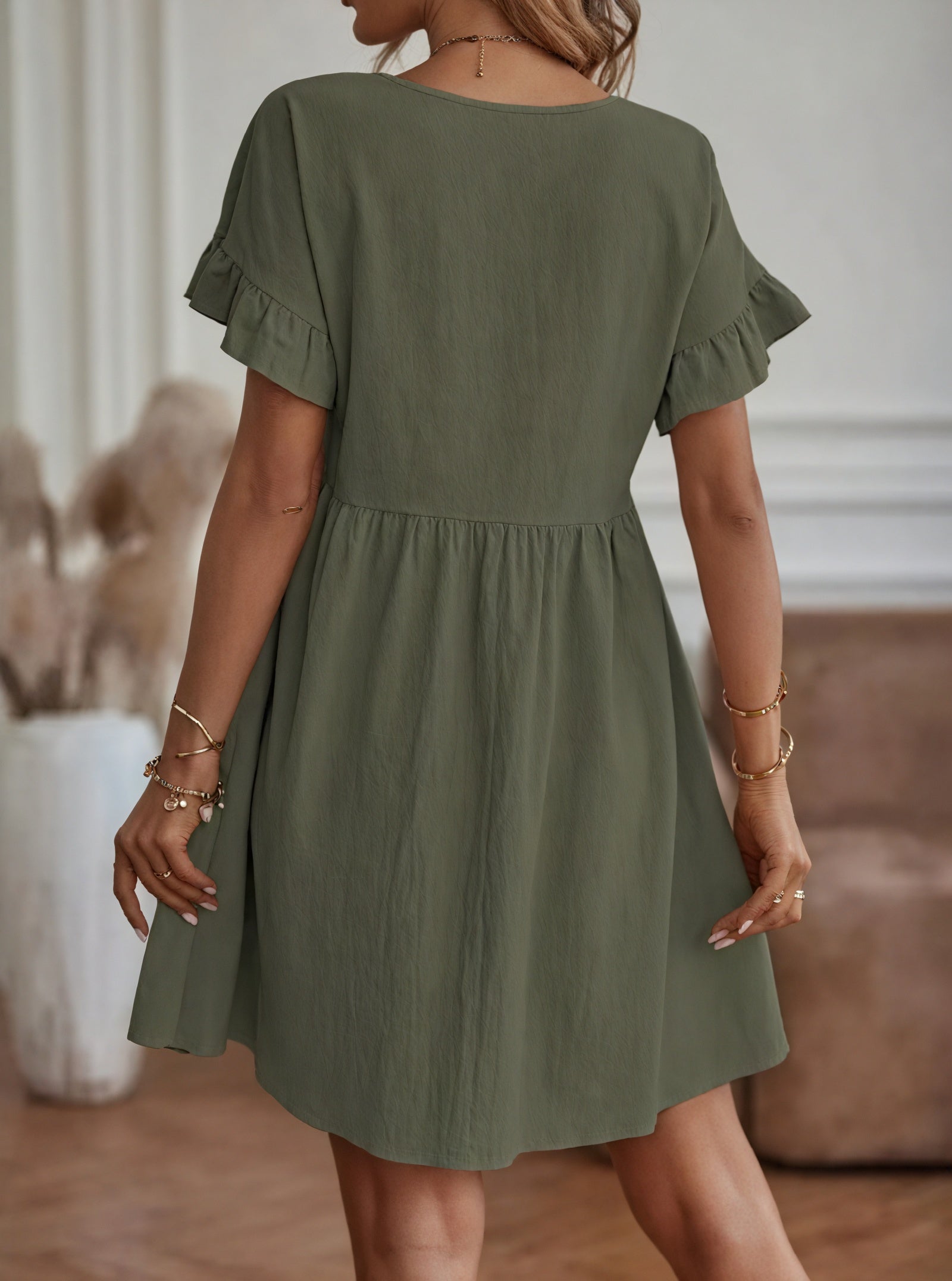 Women's A-Line Dress – Ruffle Short Sleeve, Gathered Waist, Casual Style-82588-94ca5e9f-6cc4-4de3-b03a-65bc892cc77b