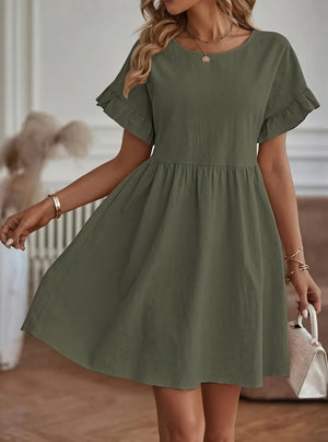 Women's A-Line Dress – Ruffle Short Sleeve, Gathered Waist, Casual Style-82588-75a38148-95c8-418c-90f4-ae654a7d7c02