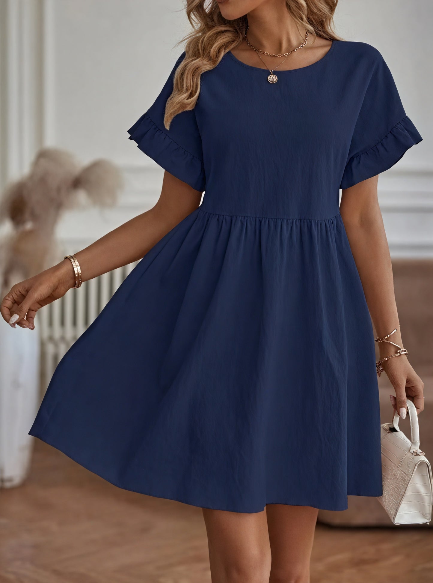 Women's A-Line Dress – Ruffle Short Sleeve, Gathered Waist, Casual Style-82588-68ca1c86-54c3-4ed3-95e8-c68a97bed729