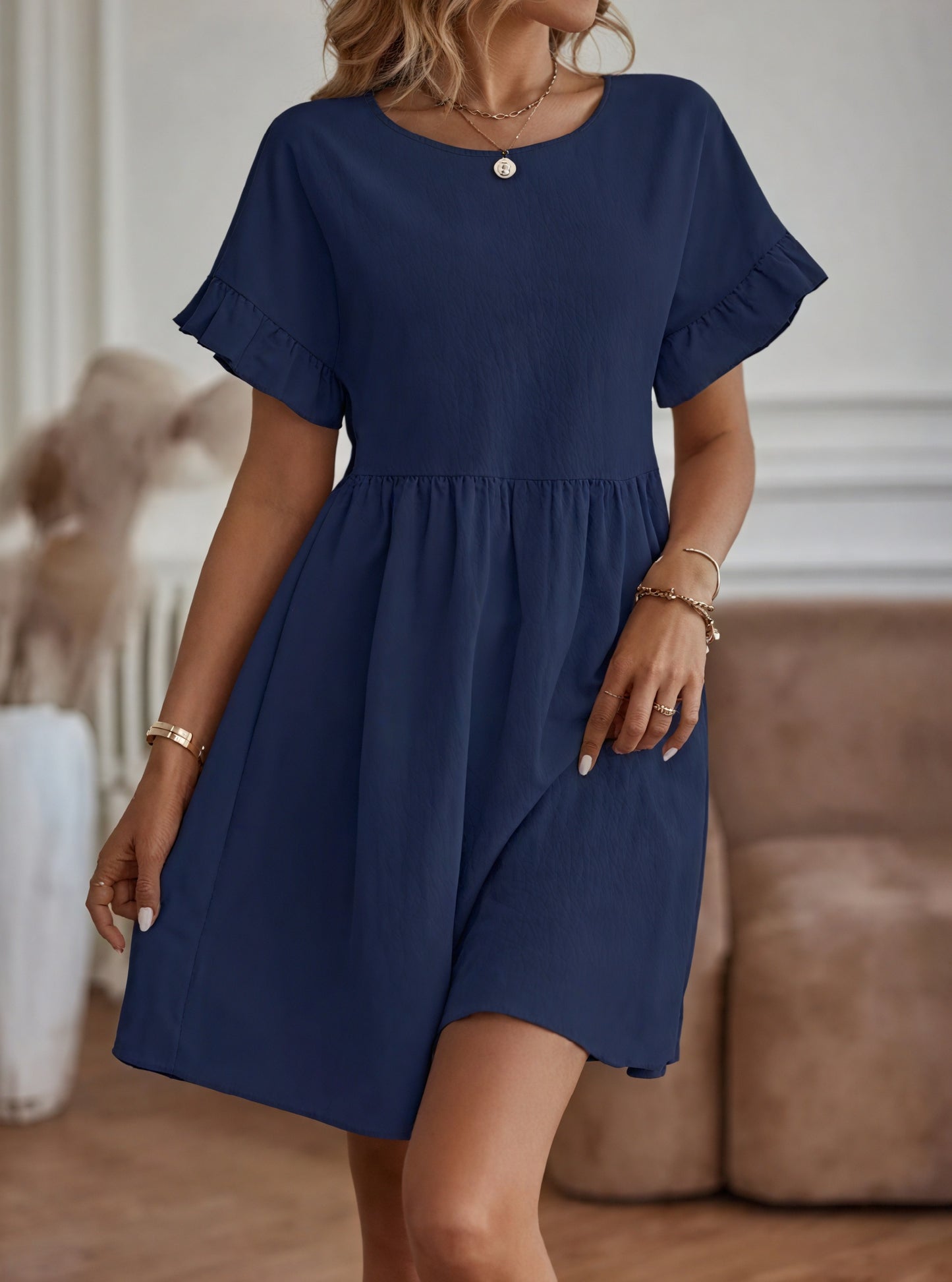 Women's A-Line Dress – Ruffle Short Sleeve, Gathered Waist, Casual Style-82588-dc141b8e-85c9-460b-98cf-1121fb349f2c