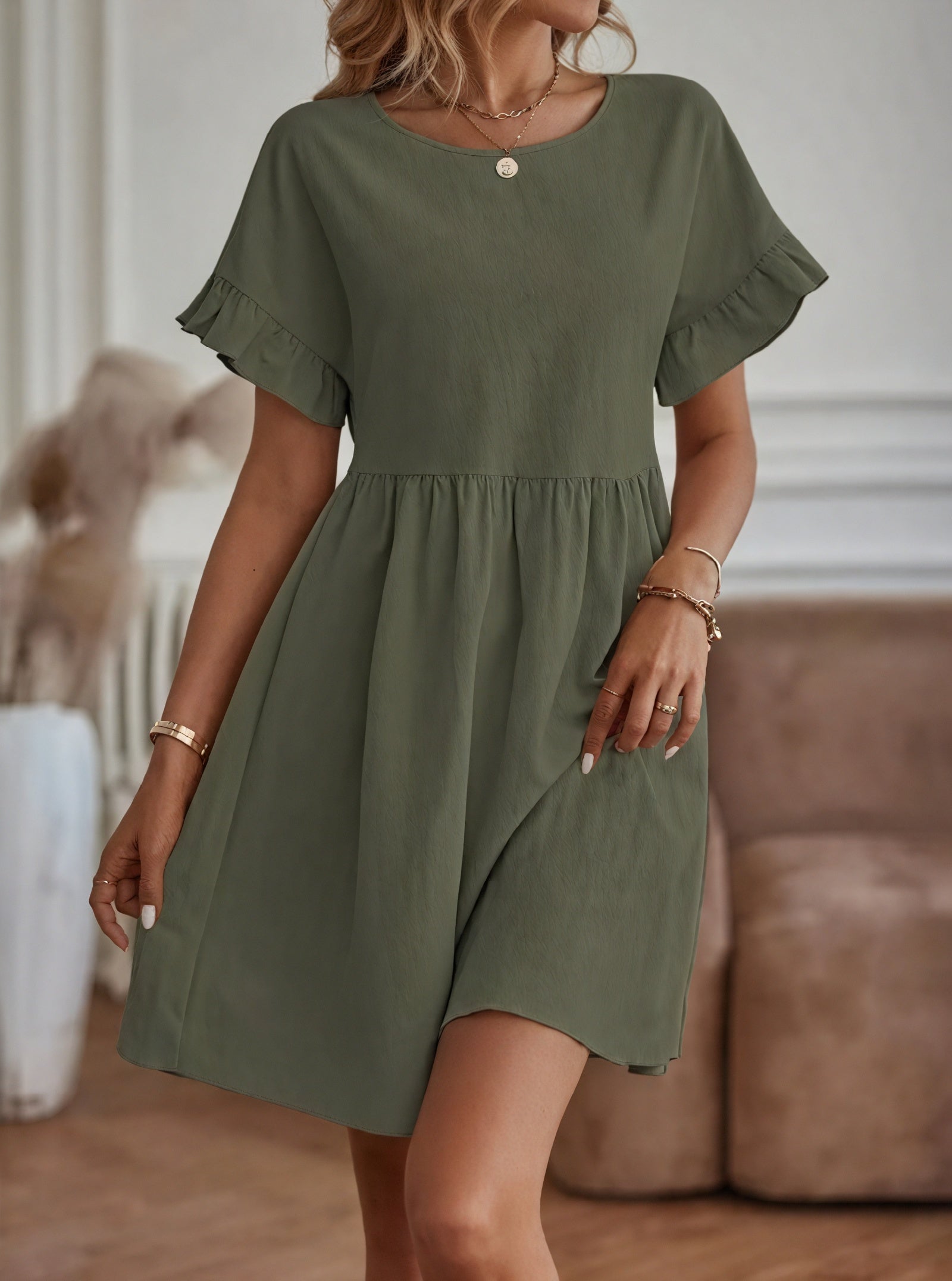 Women's A-Line Dress – Ruffle Short Sleeve, Gathered Waist, Casual Style-82588-9b9ce8cd-d87f-4046-a0da-8b042afab286