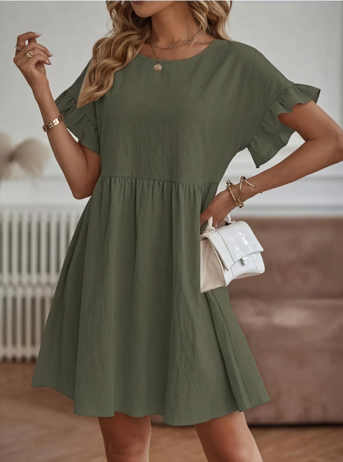 Women's A-Line Dress – Ruffle Short Sleeve, Gathered Waist, Casual Style-82588-657b3a81-b481-4bbe-96ff-45c0200e88db