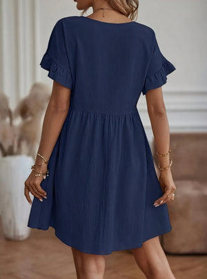 Women's A-Line Dress – Ruffle Short Sleeve, Gathered Waist, Casual Style-82588-4bd837fb-f93f-41e2-844b-613e1fe23fa9