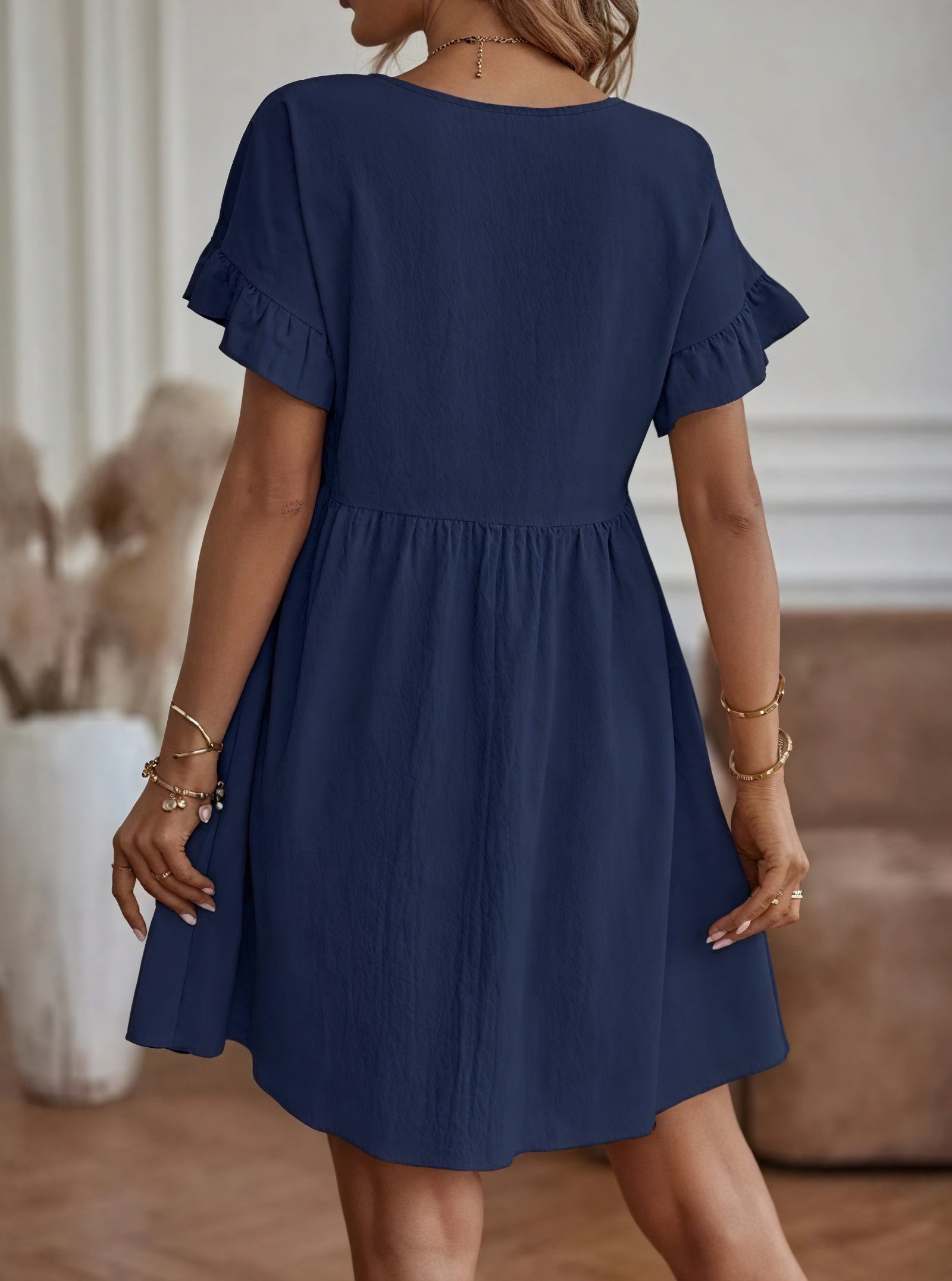 Women's A-Line Dress – Ruffle Short Sleeve, Gathered Waist, Casual Style-82588-4bd837fb-f93f-41e2-844b-613e1fe23fa9