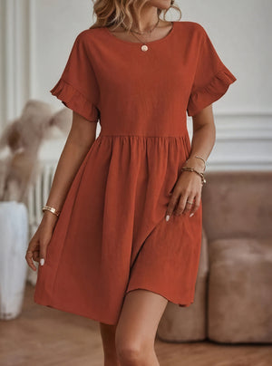 Women's A-Line Dress – Ruffle Short Sleeve, Gathered Waist, Casual Style-82588-ab0f1573-7b5c-4260-809b-38b85323ba71